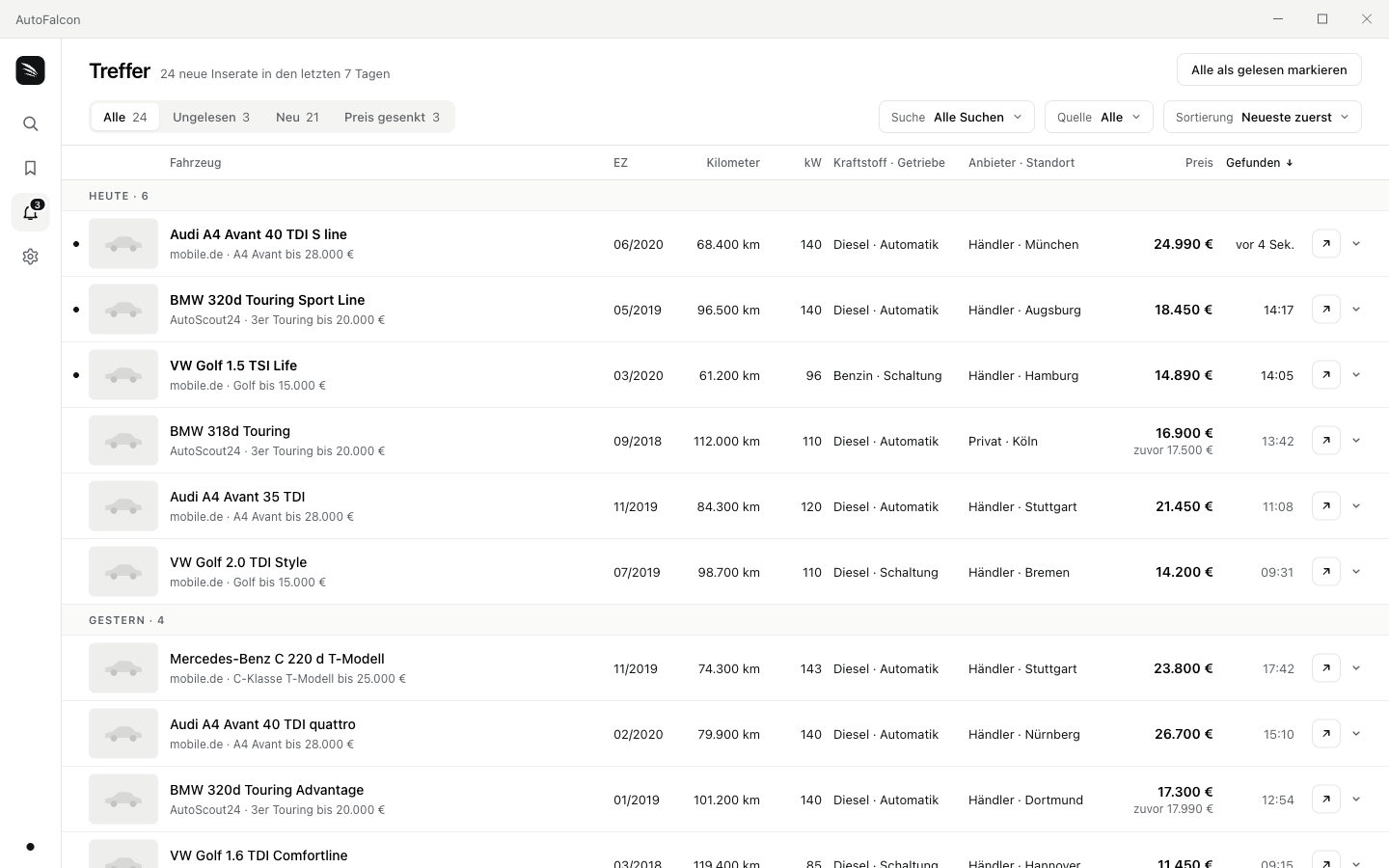 AutoFalcon: Treffer von mobile.de und AutoScout24 in einer Liste